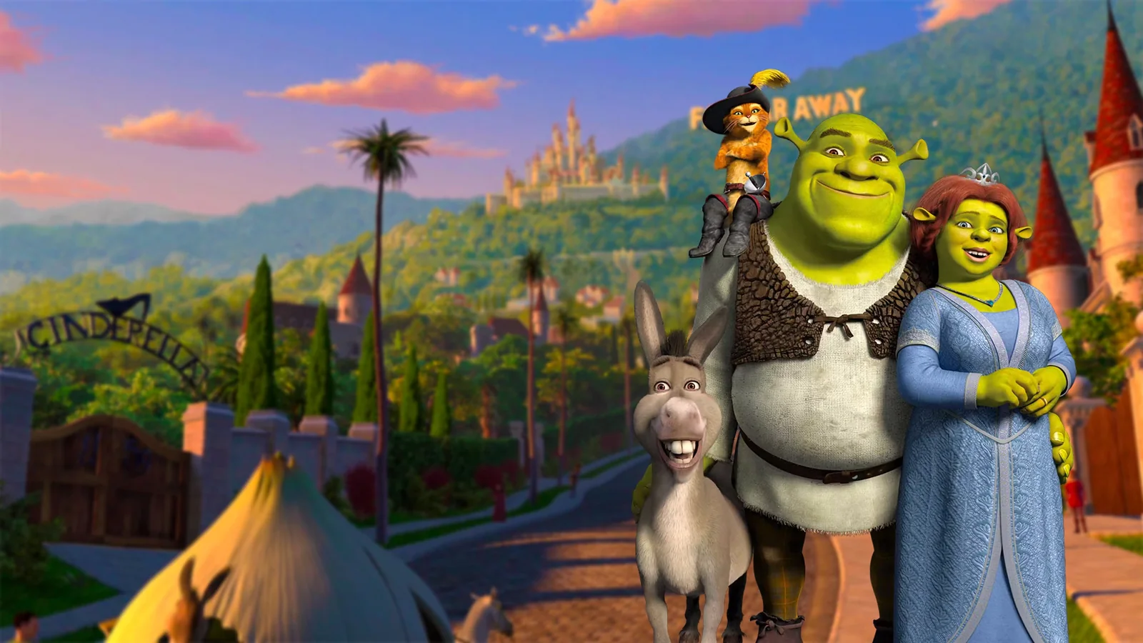 Shrek, Fiona, Donkey and Puss in Boots posing together on a cobblestone street in the kingdom of Far Far Away