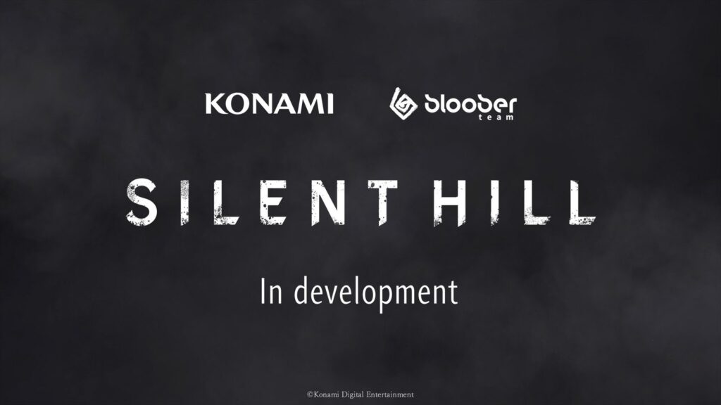 Silent Hill 1 Remake Reportedly Targets 2027 Release Official Silent Hill remake announcement screen featuring the game's title, Konami and Bloober Team branding, and an "In