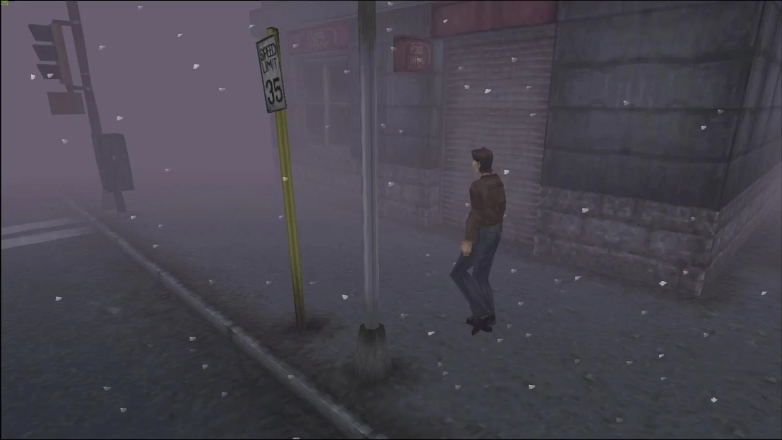 Harry Mason standing on a deserted, fog-covered street in the original 1999 Silent Hill, with falling snow and abandoned