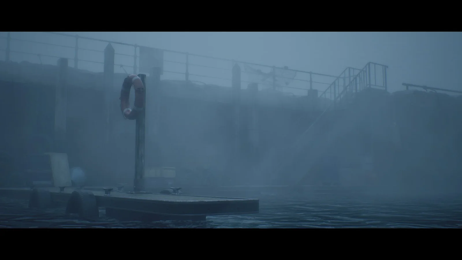 Official screenshot of a fog-covered street in St. Amelia, with buildings, streetlights, and a speed-limit sign