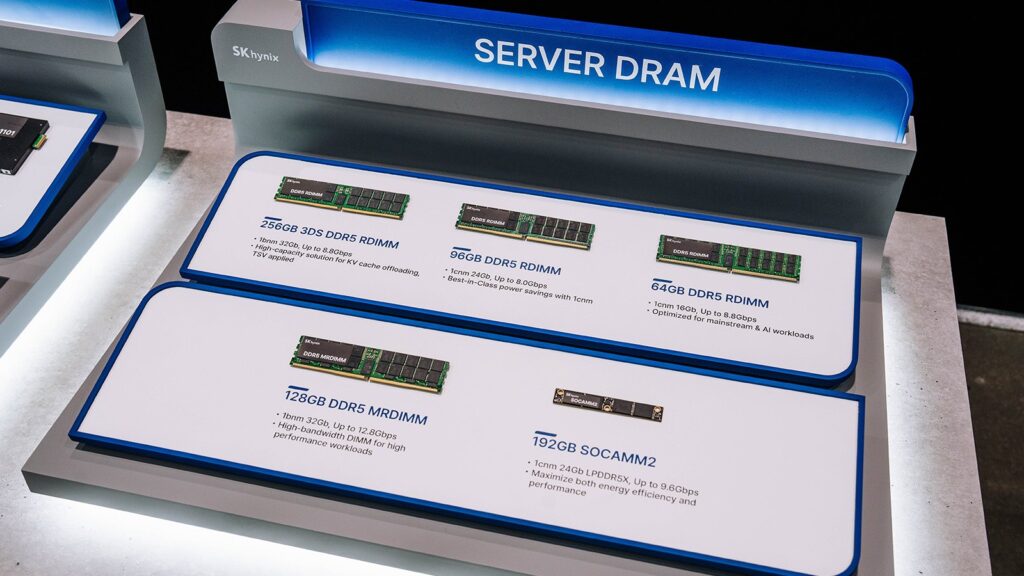 SK Hynix Expects Memory Supply Shortages Through 2030 SK hynix DDR5 server DRAM memory modules displayed at OCP Global Summit 2026, including 256GB, 128GB, 96GB and 64GB
