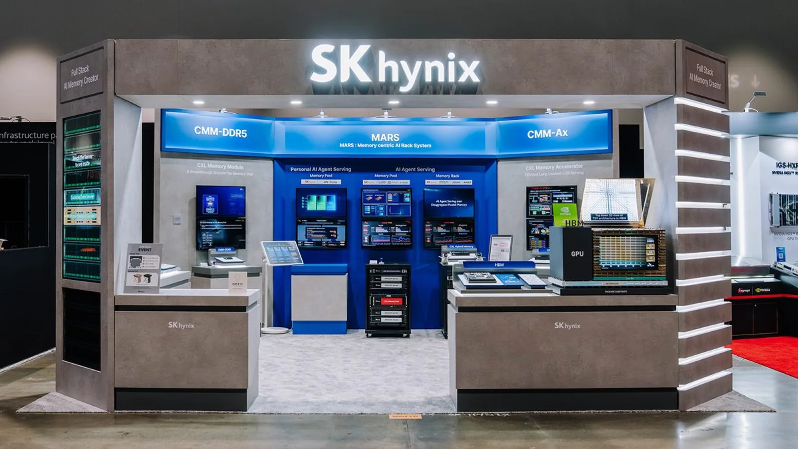 SK hynix DDR5 server DRAM memory modules displayed at OCP Global Summit 2026, including 256GB, 128GB, 96GB and 64GB