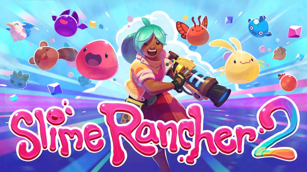 Slime Rancher 2 Coming to Nintendo Switch 2 in January 2027 First-person gameplay showing colorful pink and blue slimes, the Vacpack, and Rainbow Island's coastal landscape
