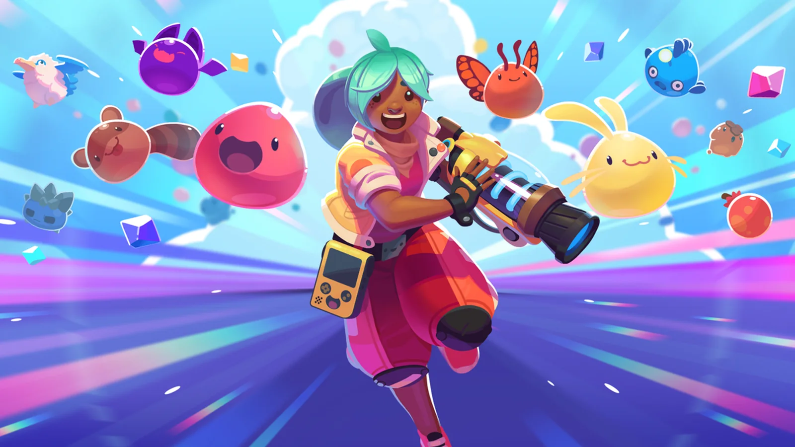 First-person gameplay showing colorful pink and blue slimes, the Vacpack, and Rainbow Island's coastal landscape