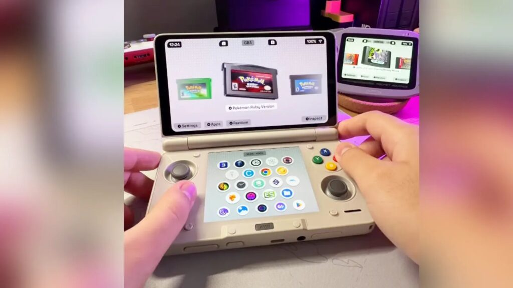 Socket 0.8.0 Adds Dual-Screen Support and Performance Fixes Socket running on an AYN Thor dual-screen handheld, showing a Pokémon Ruby cartridge on the upper display and Android