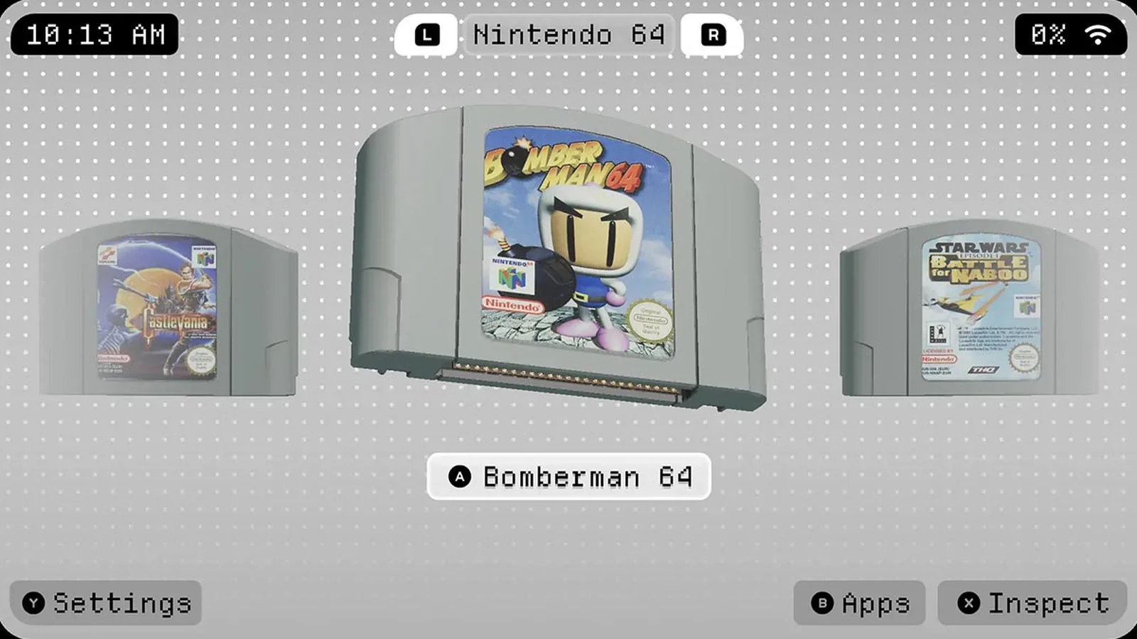 Socket's Nintendo 64 game library showing three-dimensional cartridges, with Bomberman 64 prominently displayed in the