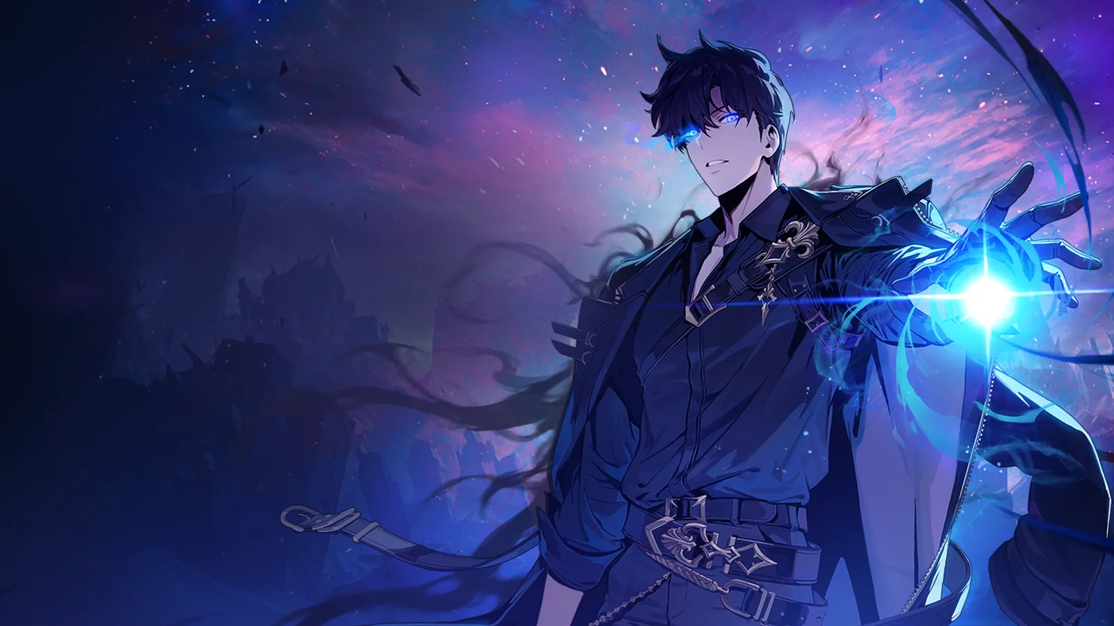 Official Solo Leveling: ARISE OVERDRIVE promotional artwork featuring Sung Jinwoo surrounded by blue and purple energy
