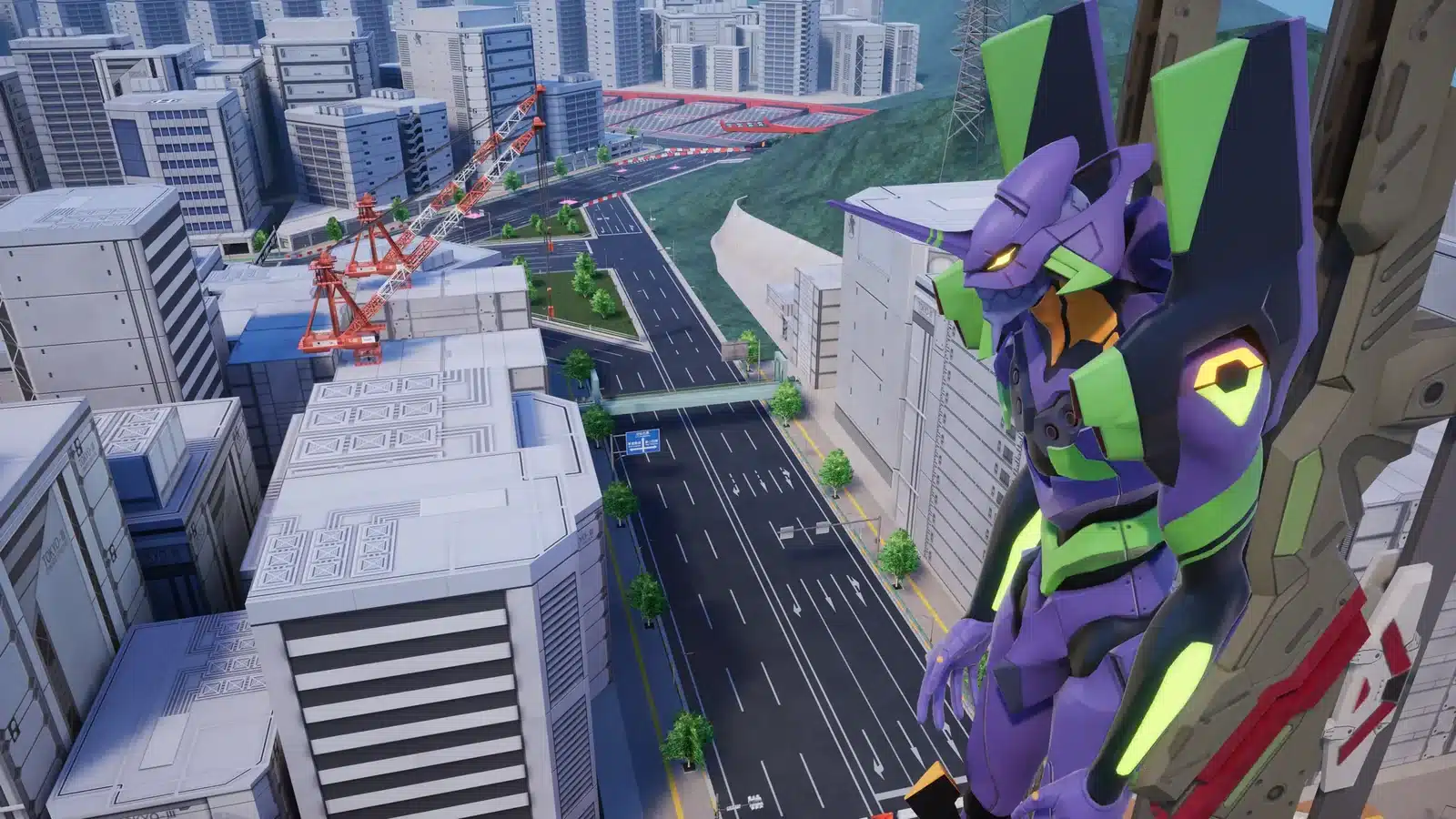 Official screenshot of the Tokyo-III course featuring Evangelion Unit-01 overlooking a city racetrack