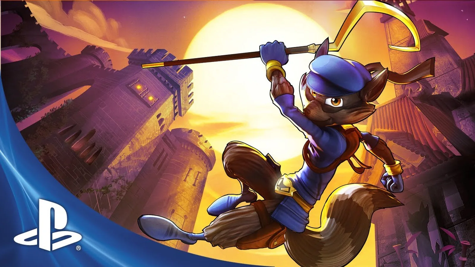 Sly Cooper swinging his cane against a sunset backdrop in official Thieves in Time promotional art