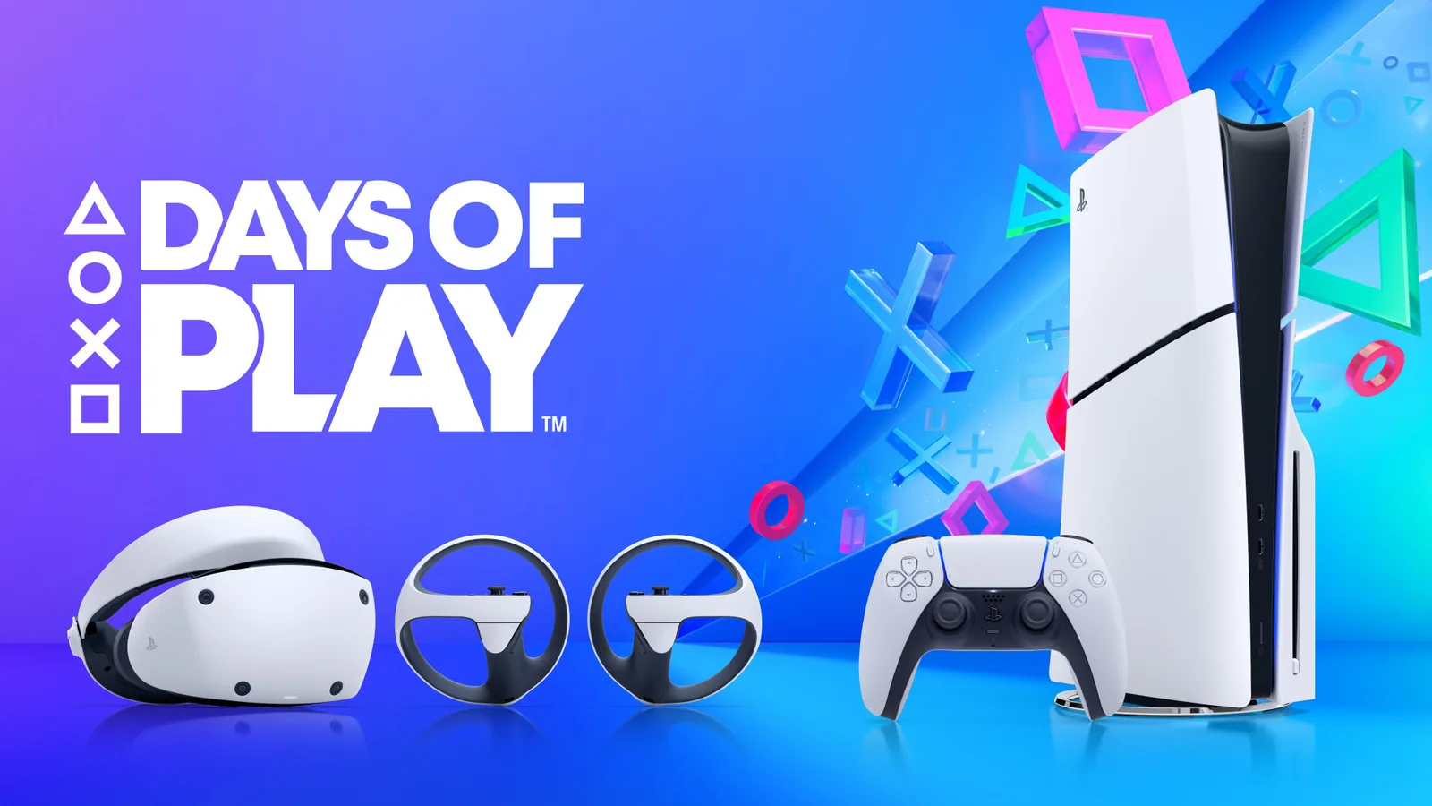 Official PlayStation 5 console and DualSense controller promotional artwork against a vibrant blue and purple