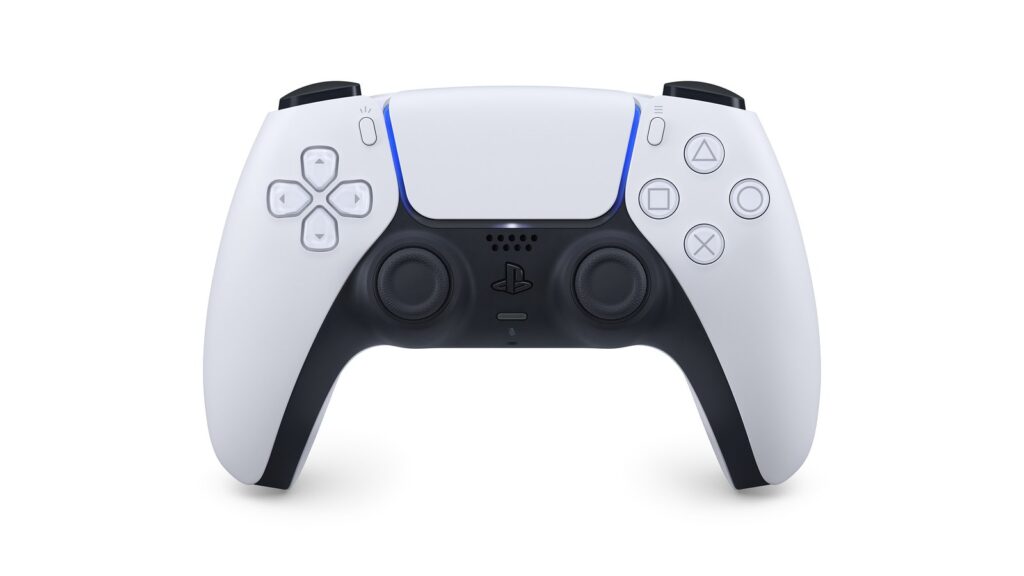 Official white DualSense wireless controller shown from the front, with blue illumination around its touchpad