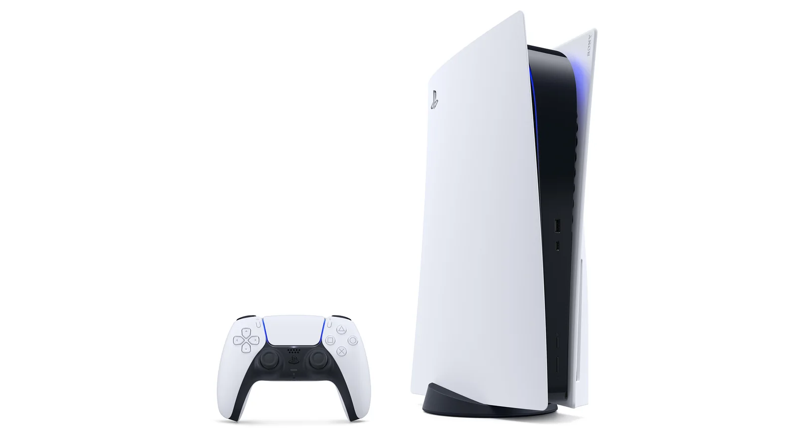 Sony PlayStation 5 console displayed horizontally alongside its white DualSense controller against a minimalist