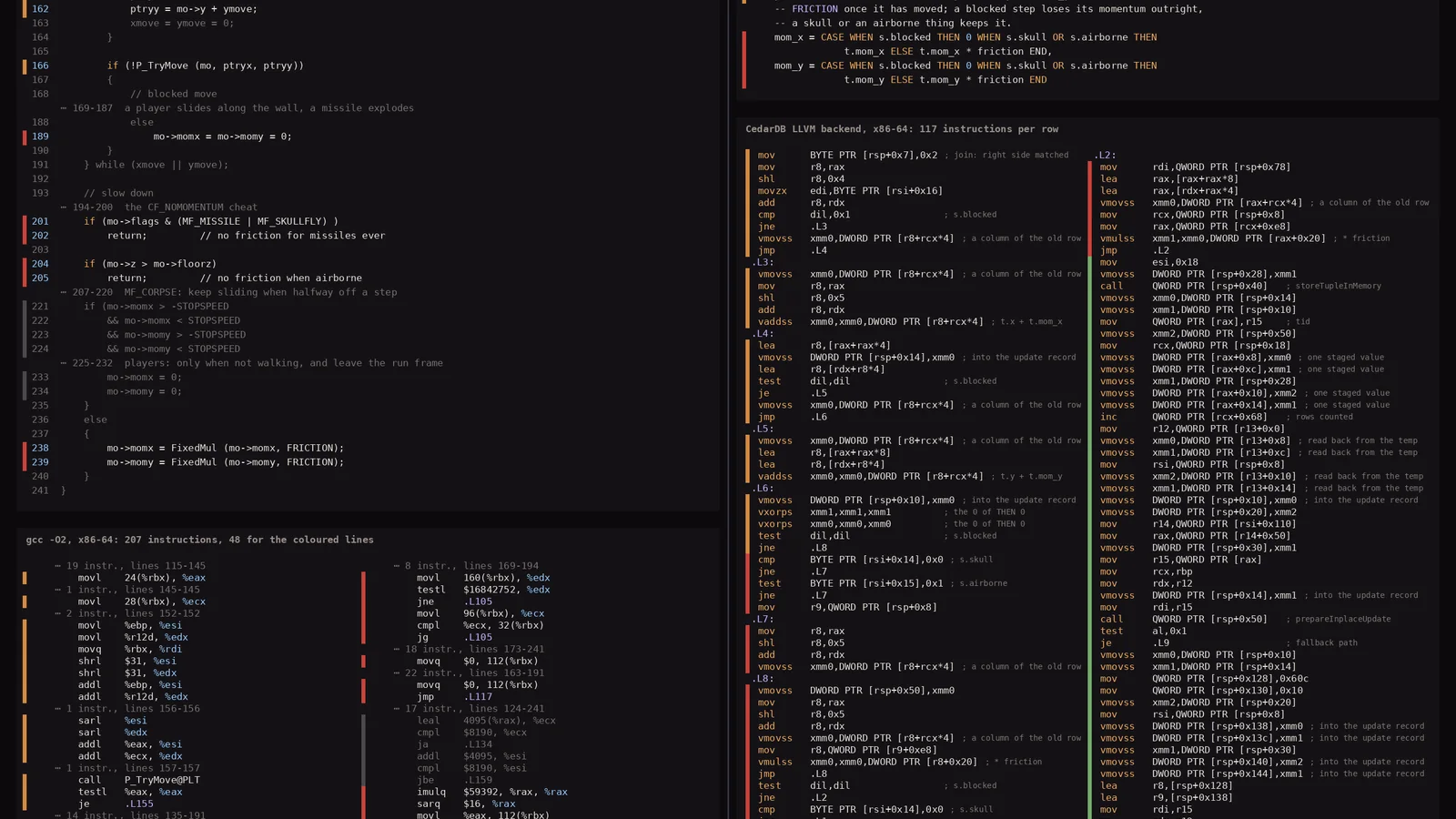 Side-by-side compiled assembly comparison between original Doom code and SQLDoom