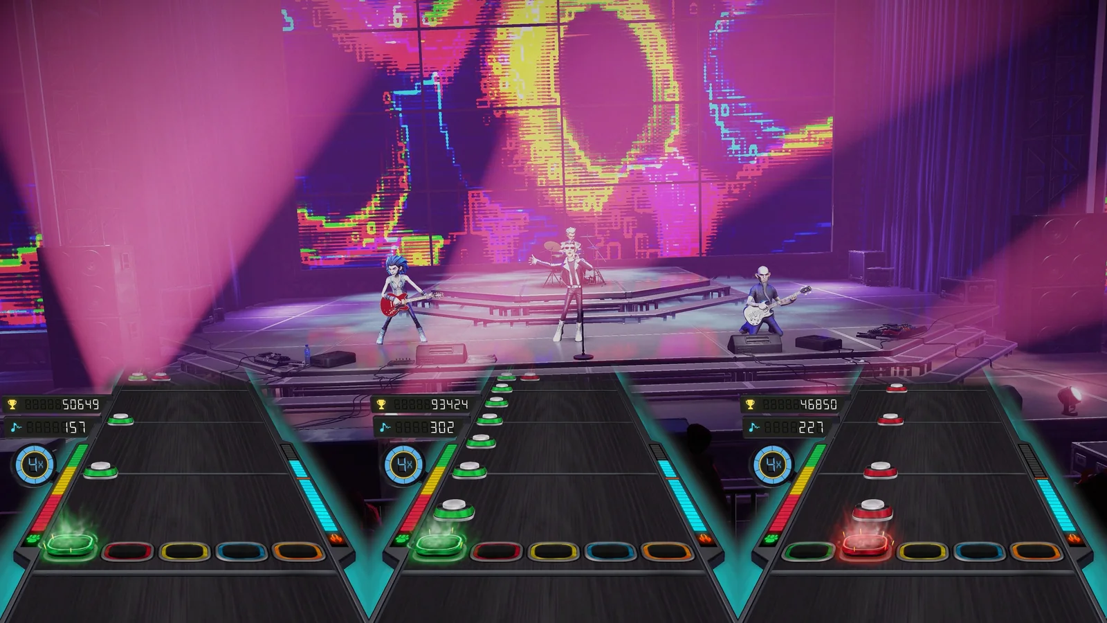 Stage Tour band performing under vivid purple lighting with a three-player rhythm gameplay interface