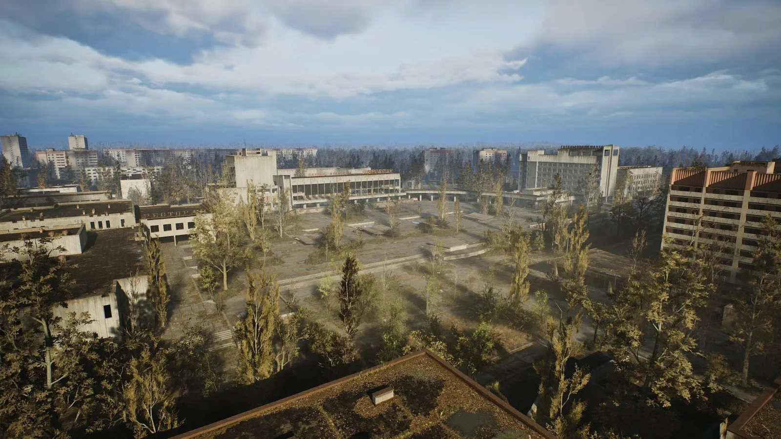 Post-apocalyptic Chornobyl landscape featuring abandoned buildings, deserted streets, and overgrown vegetation
