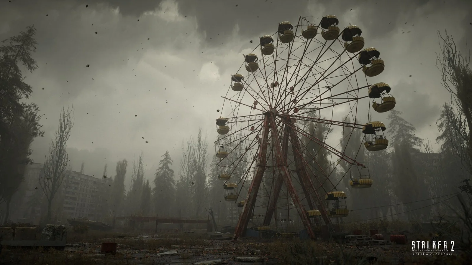An abandoned Ferris wheel towering above the dark, overgrown amusement park in the Zone