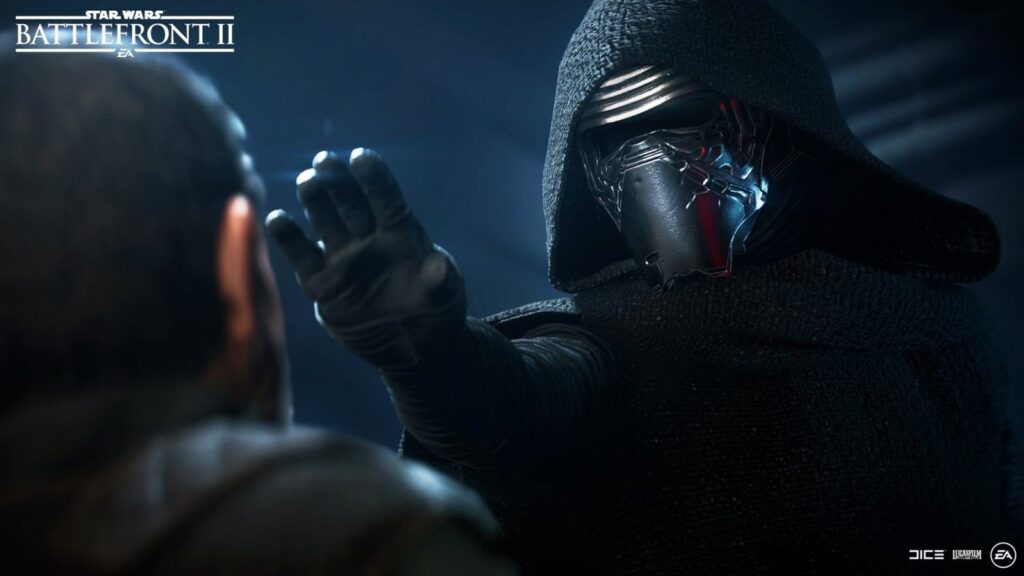Star Wars Battlefront 3 Reportedly in Development at DICE and Respawn Official Star Wars Battlefront II promotional screenshot featuring Kylo Ren confronting a Resistance soldier in a dark