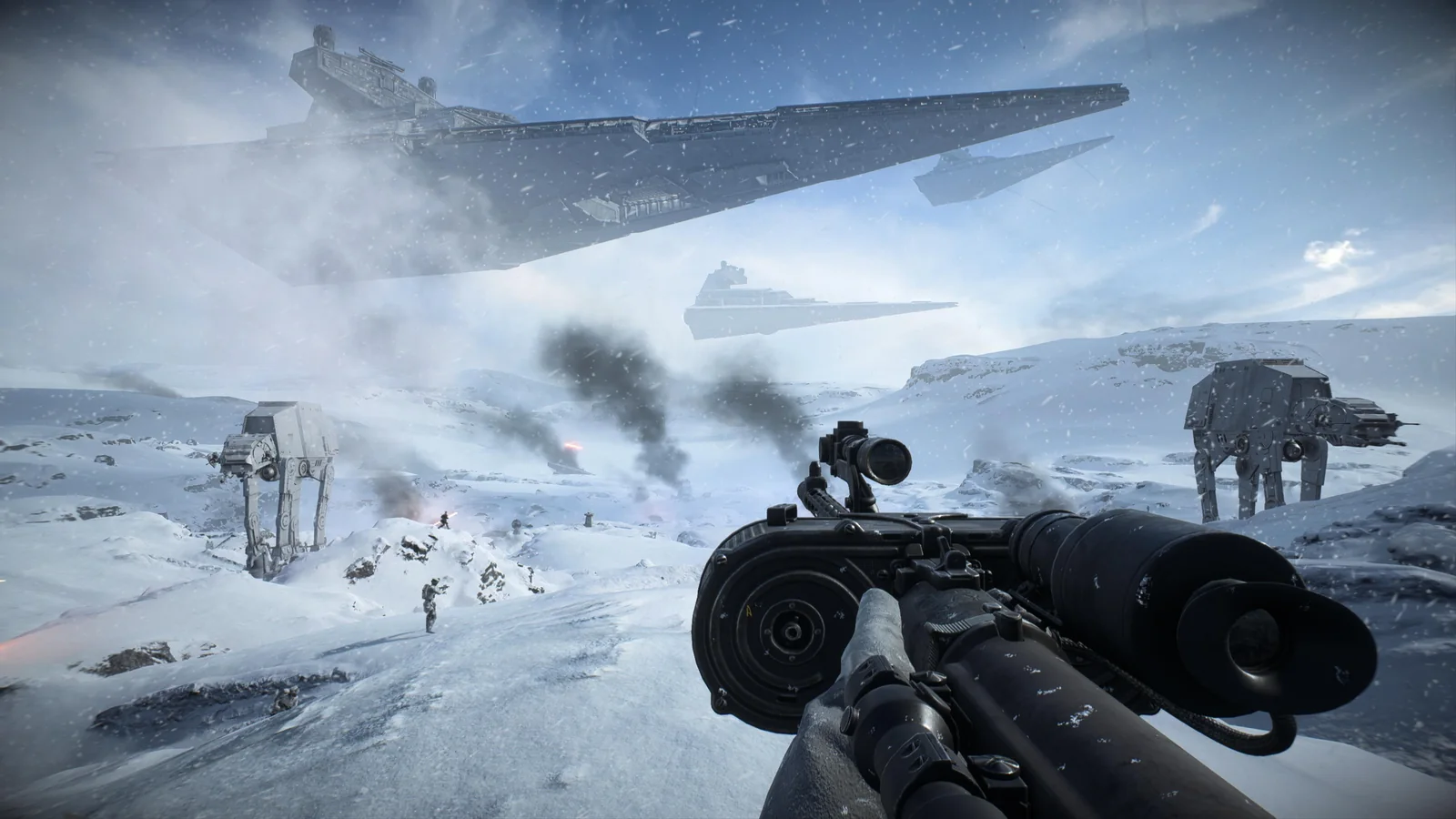 First-person gameplay scene on Hoth with a blaster rifle, Imperial walkers and Star Destroyers against a snowy sky