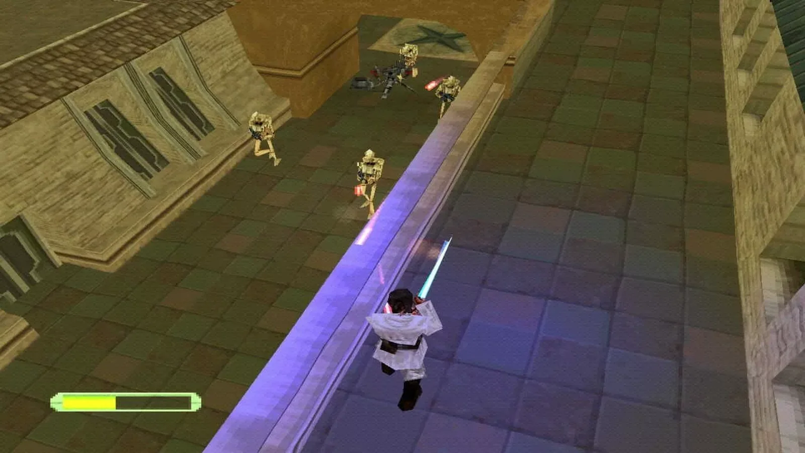 Jedi defending against battle droids on a raised walkway, with blue lightsaber and red blaster fire