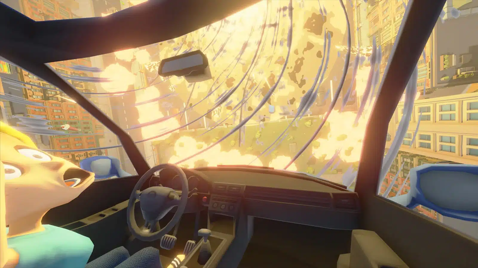 Blonde cartoon girl smiling while holding the steering wheel inside a car, with a city street and yellow taxi visible