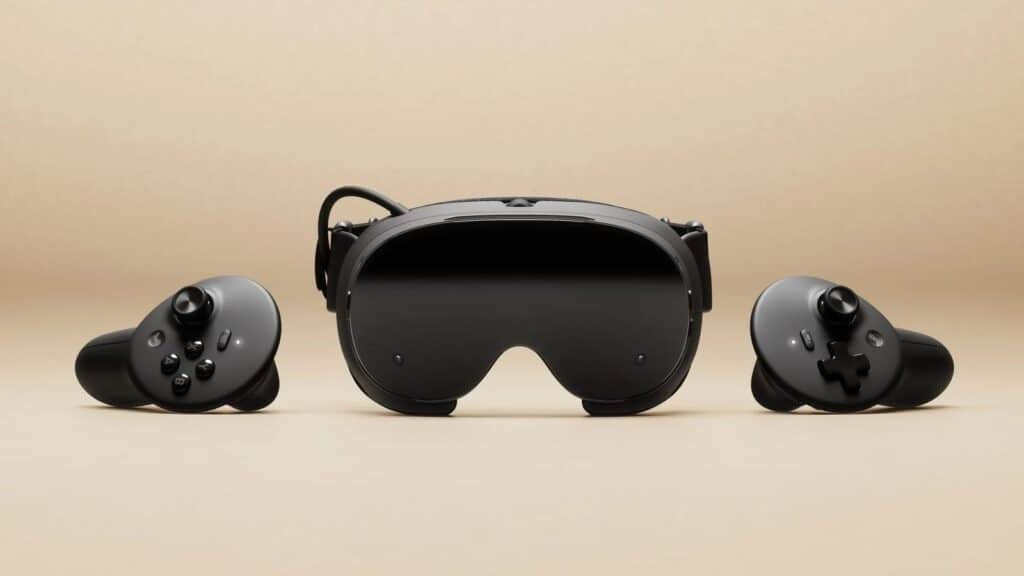 Valve Details Steam Frame Reservation Timing and VR Updates Steam Frame VR headset and motion controller photographed together from a three-quarter angle against a beige background