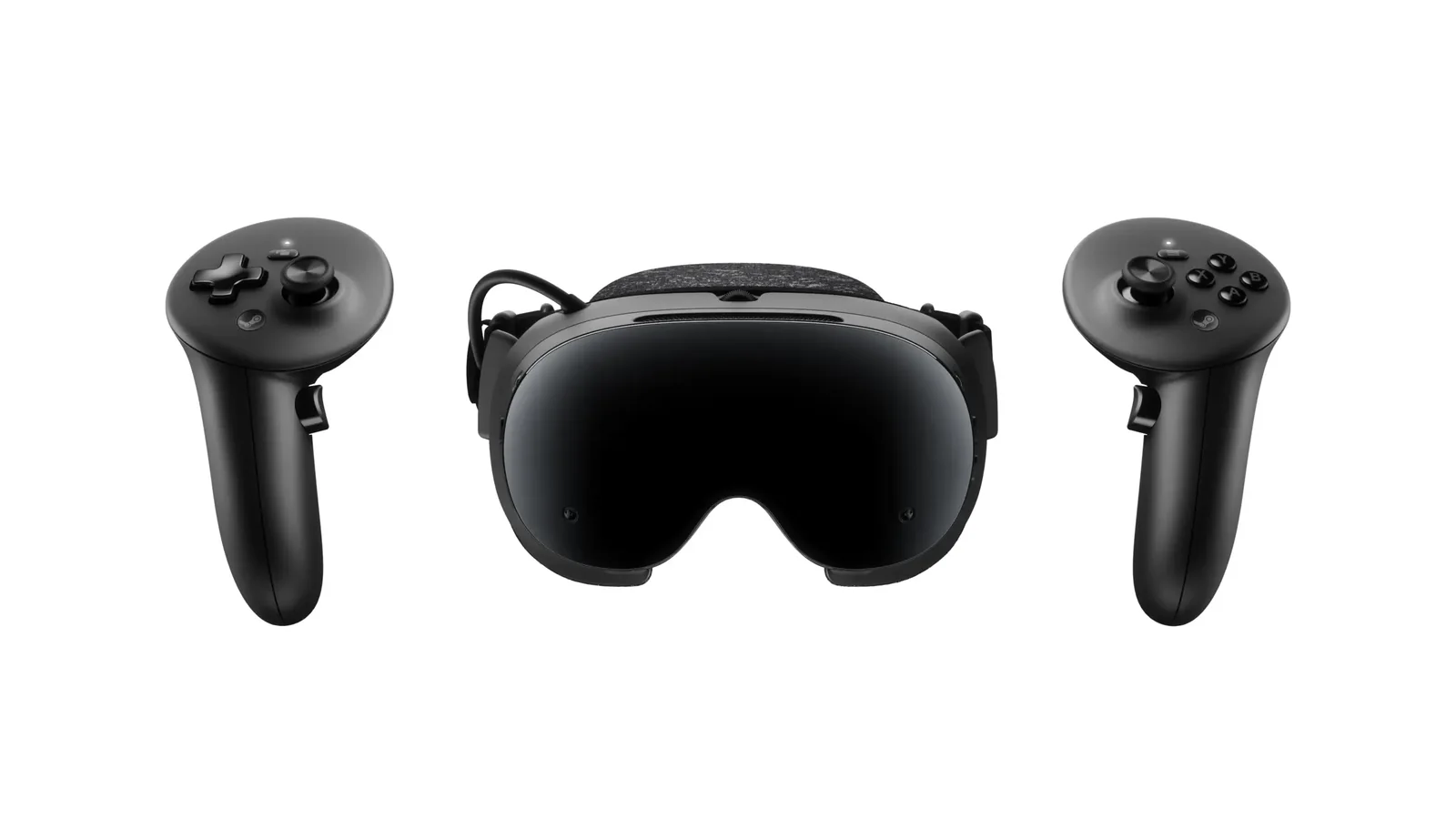 Steam Frame headset and right-hand controller displayed against a white background