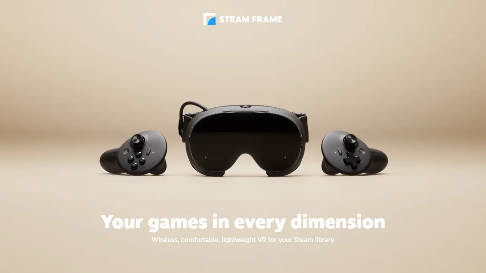 Steam Frame headset centered between its two controllers