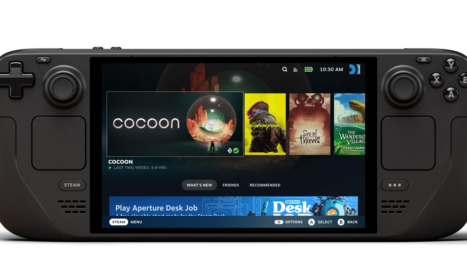 Official Steam Deck software image showing the SteamOS game library interface with several installed titles