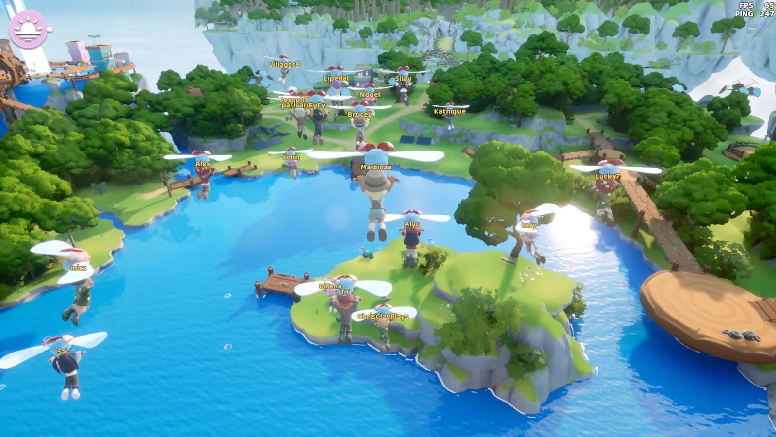 Loftia multiplayer gameplay screenshot showing characters gliding over lush green islands and blue waterways
