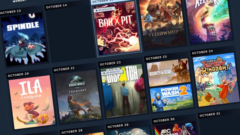 Steam Personal Calendar showing a grid of upcoming PC games, including Ball X Pit, Fellowship, Jurassic World Evolution