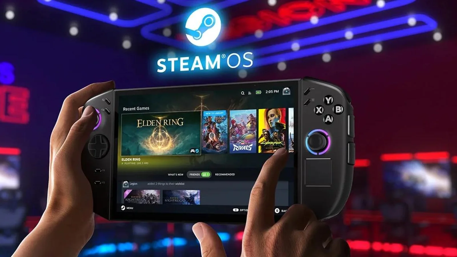 Lenovo Legion Go 2 running SteamOS, with detachable controllers, RGB thumbsticks and the Steam gaming interface visible