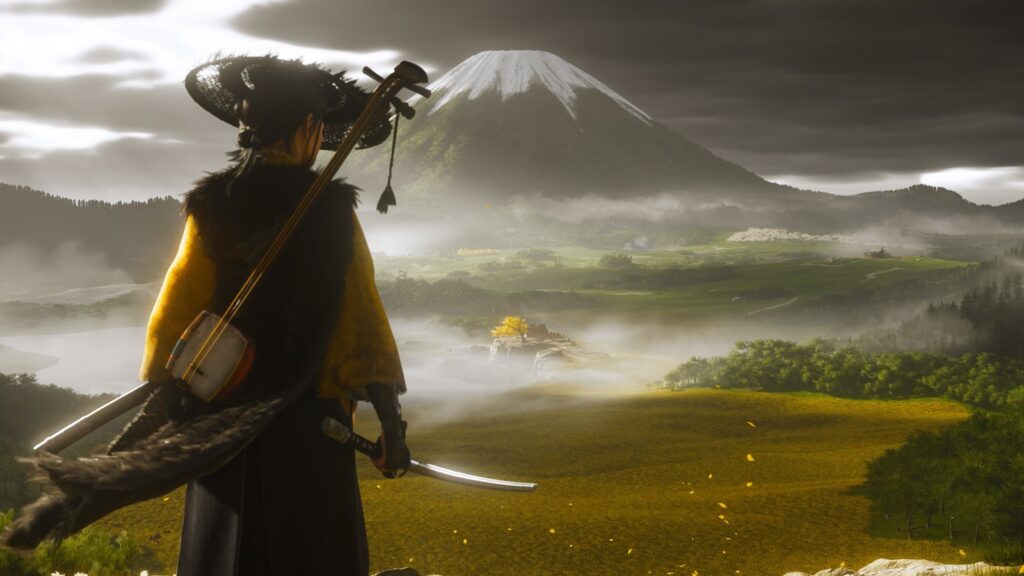 Sucker Punch Layoffs Reportedly Affect 26 Employees Ghost of Yotei protagonist Atsu overlooking Mount Yotei, with a sword and shamisen visible