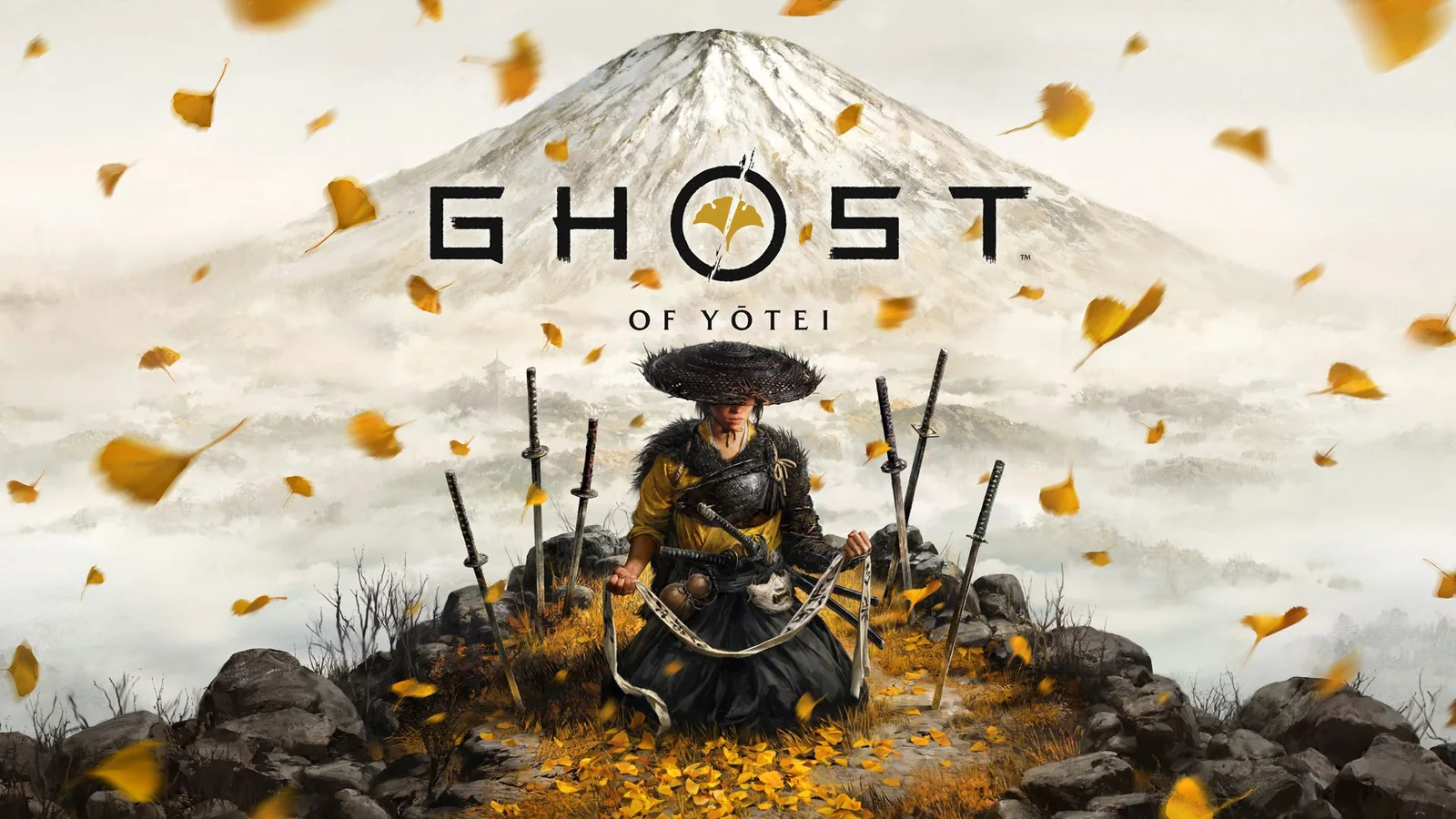 Ghost of Yotei protagonist Atsu overlooking Mount Yotei, with a sword and shamisen visible