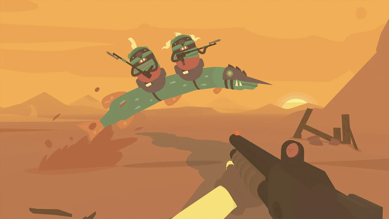 SULFUR gameplay screenshot featuring a bright orange desert environment and enemies riding a giant creature