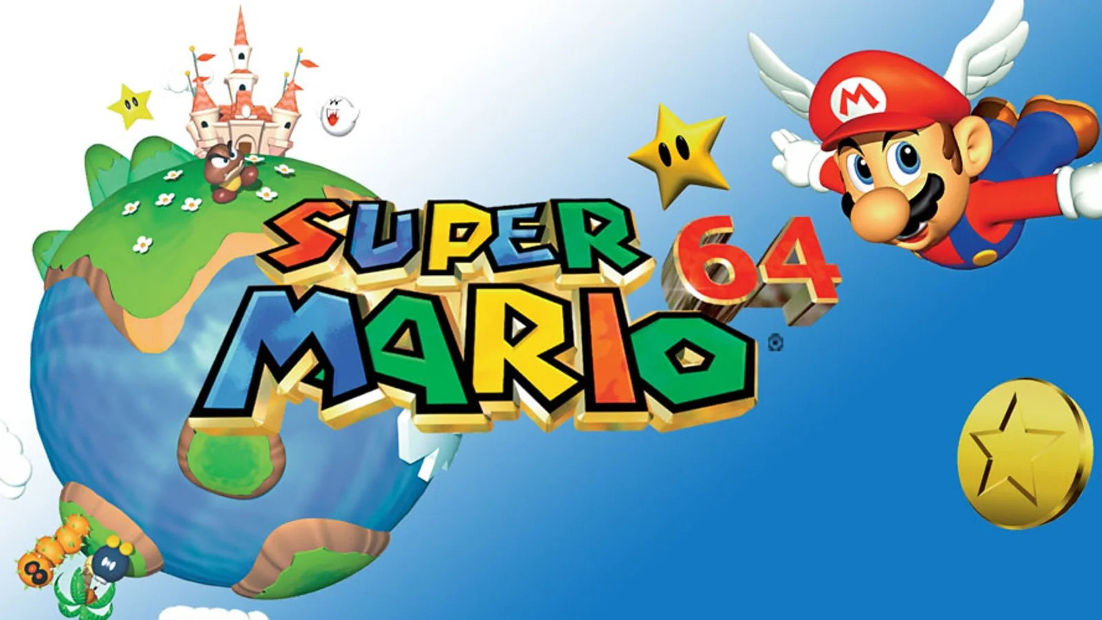 Official Super Mario 64 promotional gameplay imagery featuring Mario's confrontation with Bowser