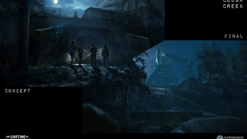 Official concept art from The Casting of Frank Stone showing a dark industrial interior and looming figure