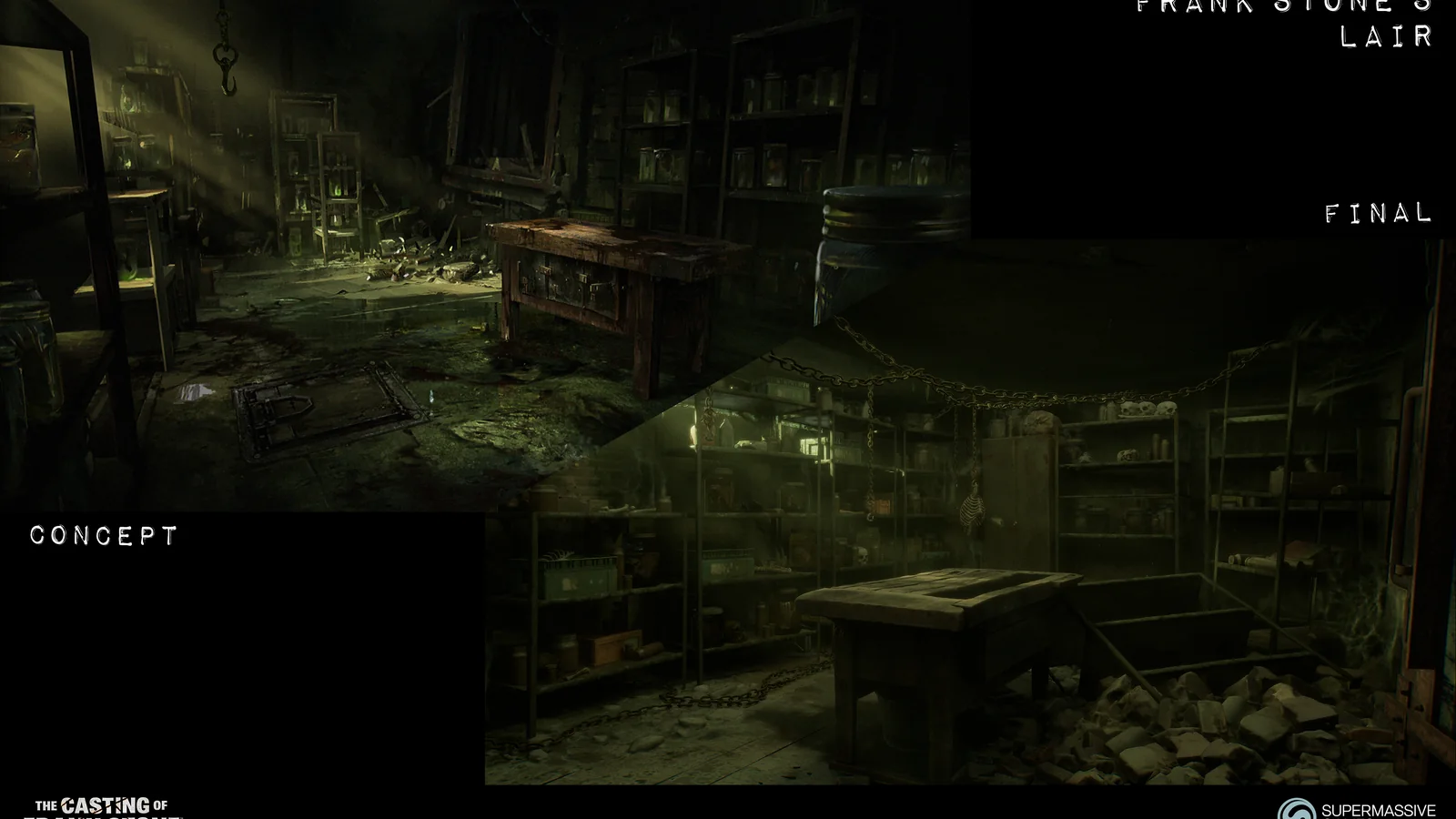 Official concept art from The Casting of Frank Stone showing a dark industrial interior and looming figure