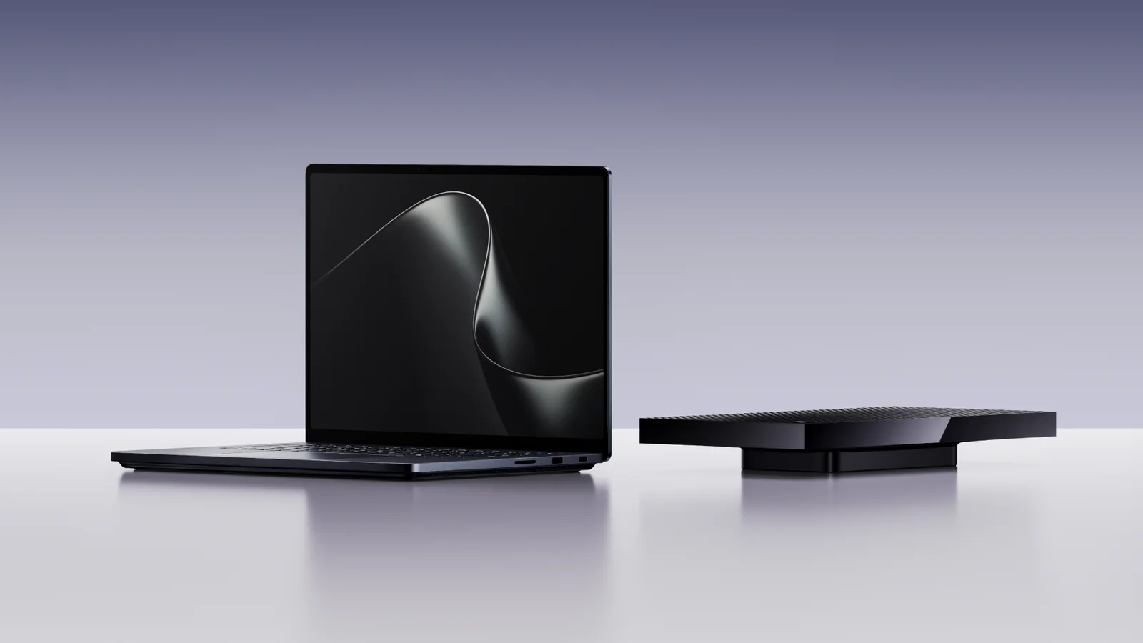 Official Surface Laptop Ultra render showing the closed Nightfall laptop and its side ports