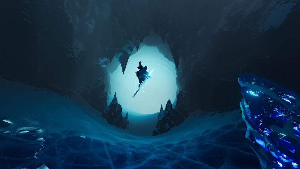 Sword of the Sea Appears on Xbox Store for Series X|S Official Sword of the Sea key art showing a glowing Hoversword rider descending into a blue cavern