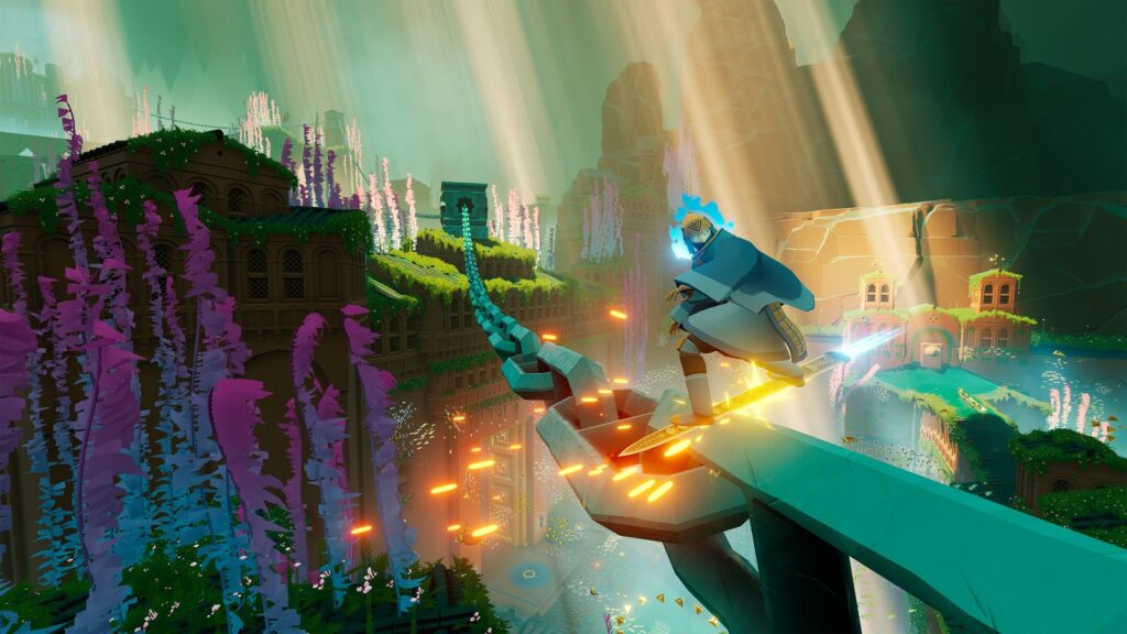 Sword of the Sea Coming to Xbox Series X|S and Switch 2 October 29 The Wraith surfing through lush ancient architecture, with golden sunlight, vibrant vegetation, and glowing effects