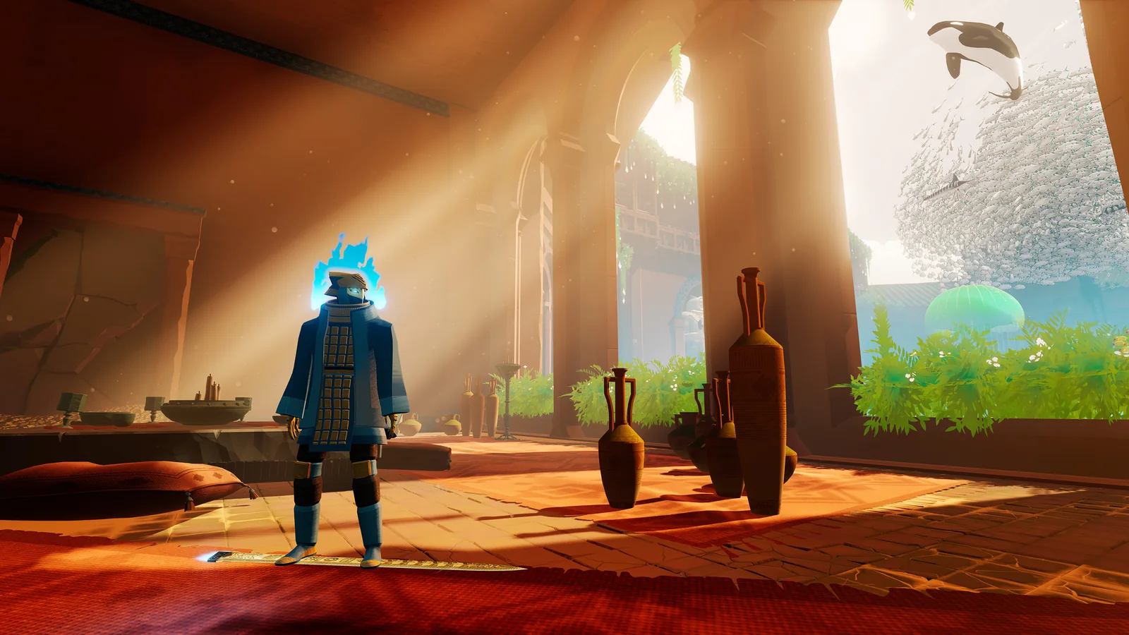 The Wraith surfing through lush ancient architecture, with golden sunlight, vibrant vegetation, and glowing effects