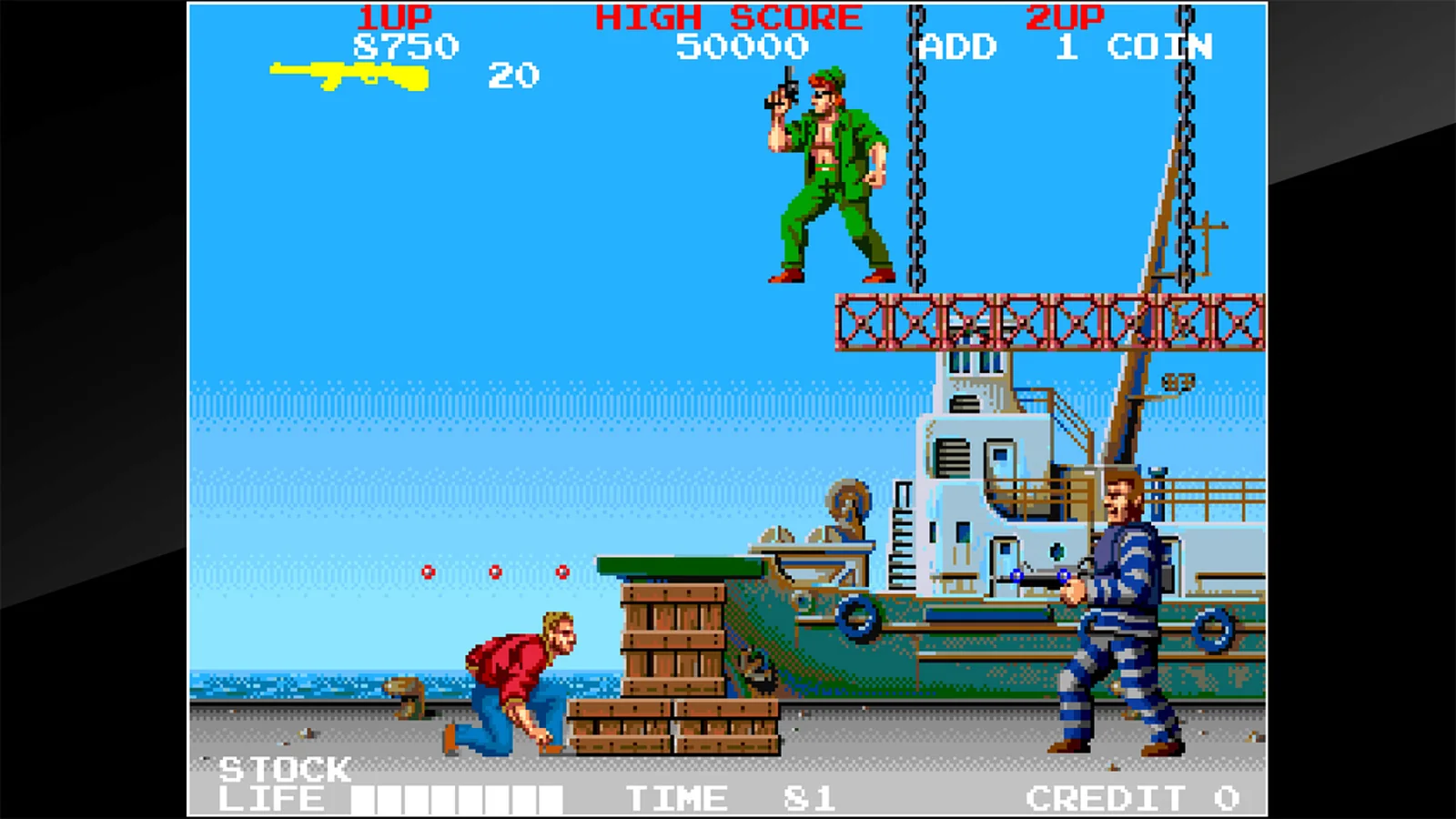 Official Crime City arcade gameplay showing a detective in a red jacket taking cover beside wooden crates while armed