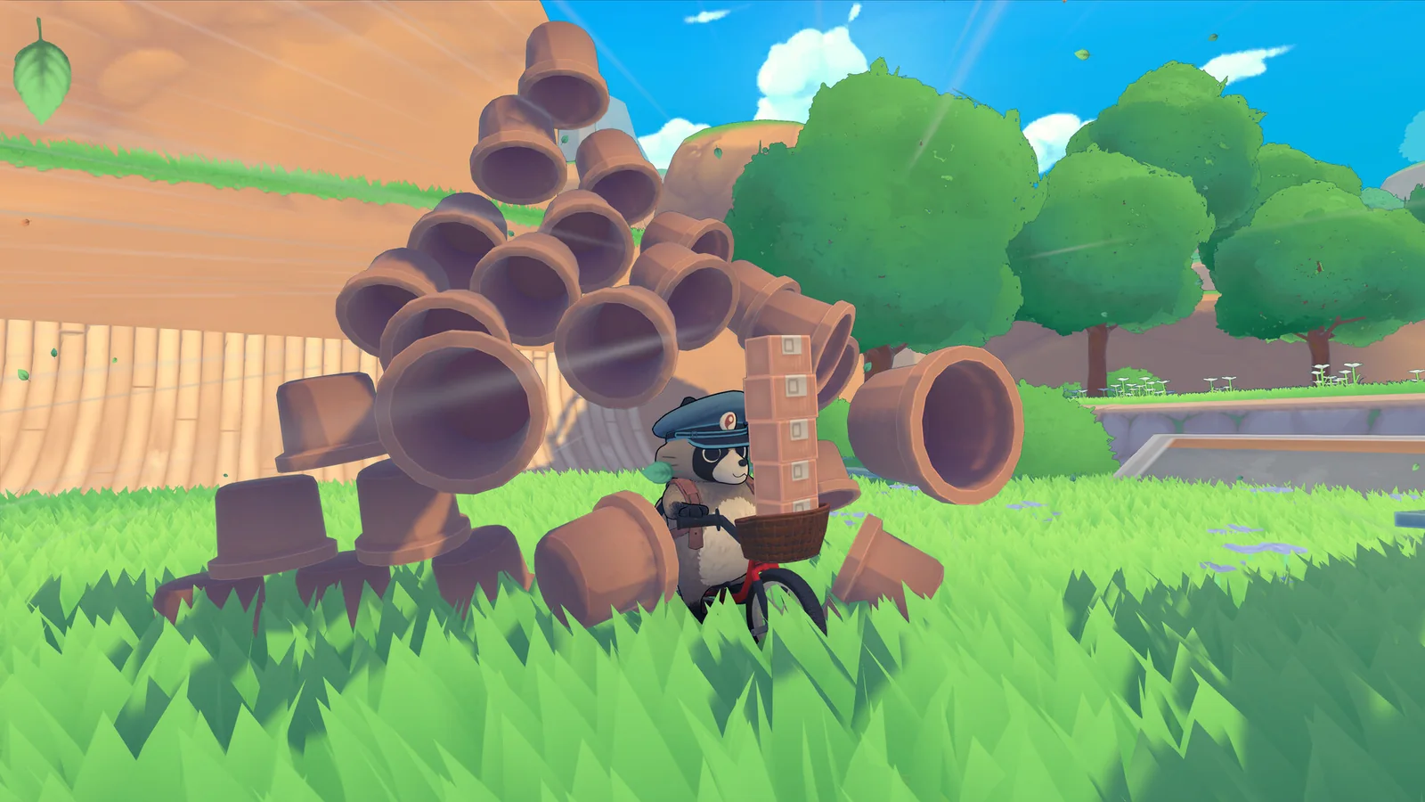 Pon rides a red BMX bicycle while carrying a tall stack of packages through a bright green landscape