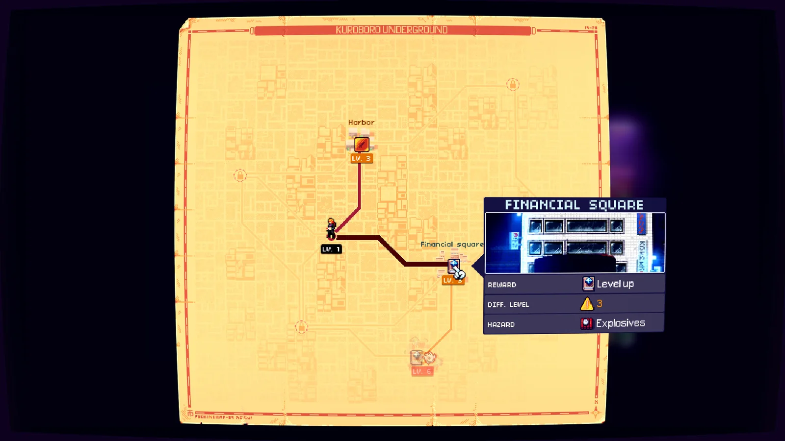 Action gameplay screenshot showing the protagonist fighting enemies along a dark city street with colorful combat