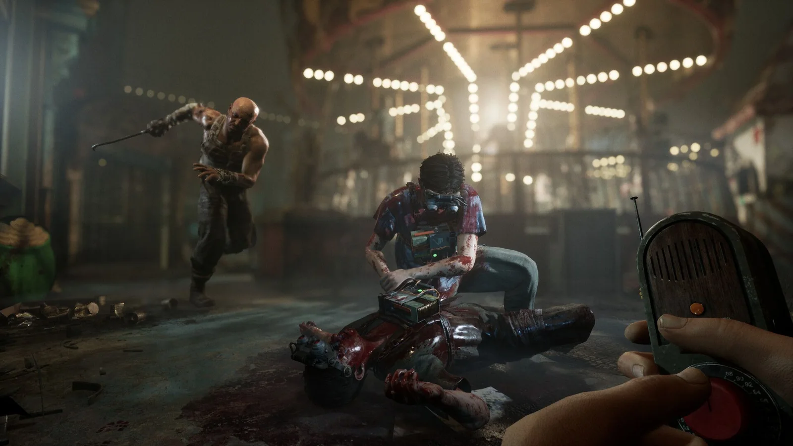 A monstrous enemy wielding a curved weapon approaches a player inside a dimly lit room
