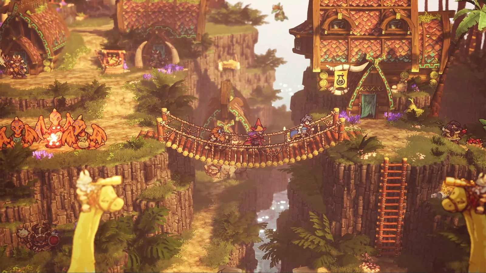 Official 1920×1080 screenshot showing a prehistoric village, rope bridge, fantasy characters and dragon-like creatures
