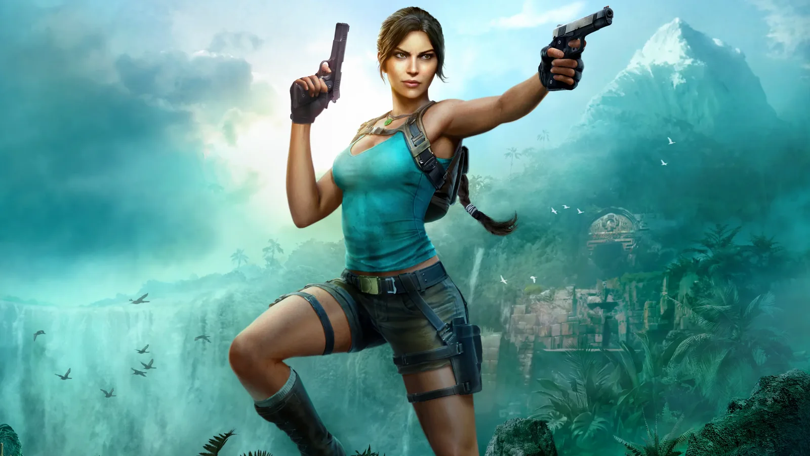 Lara Croft stands above an expansive ancient ruin featuring stone platforms, vegetation and deep vertical architecture