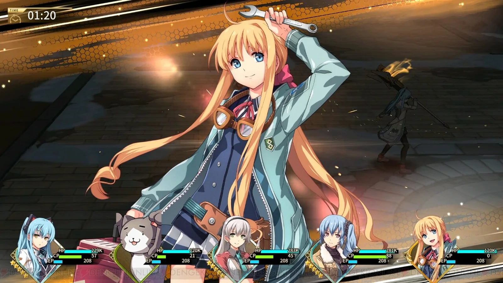 In-game combat screenshot showing a blonde character wielding a wrench, with additional party members and combat status
