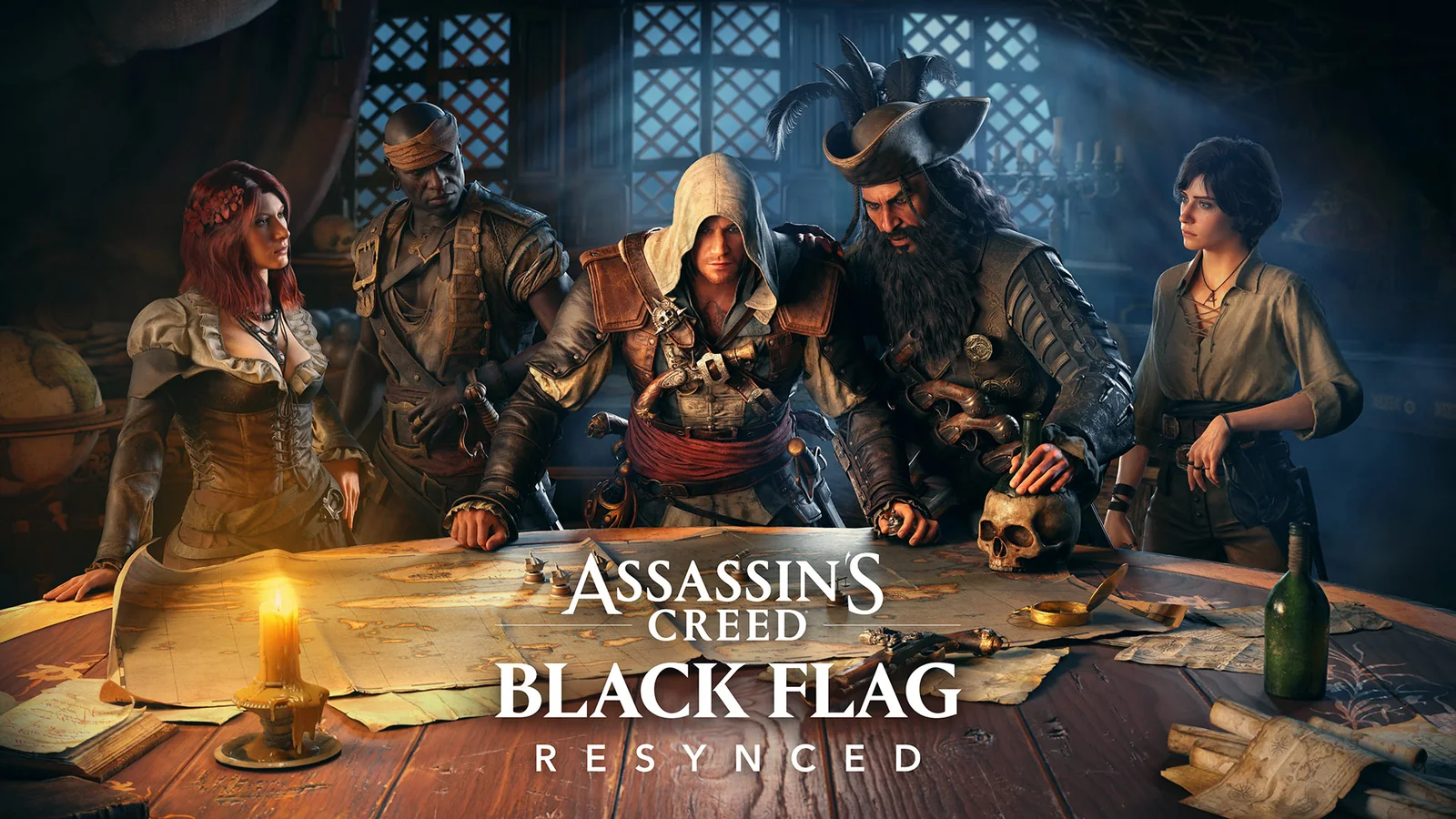 Official Assassin's Creed Black Flag Resynced promotional artwork showing Edward Kenway and fellow pirates gathered