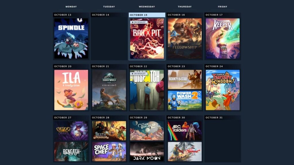 Valve Acknowledges AI Slop Problem in Steam Next Fest Steam Personal Calendar interface displaying upcoming PC games in a dark-themed calendar grid, with colorful game